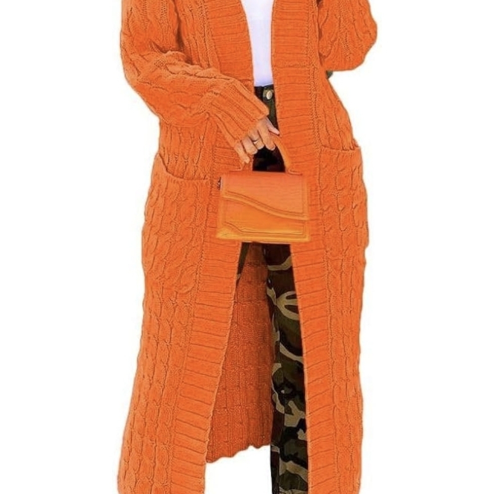 Orange Cable Knit Long Cardigan Sweater
